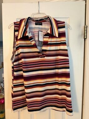 Lane Bryant Striped Sleeveless Polo Tank - Burgundy, Navy, Mustard & Cream